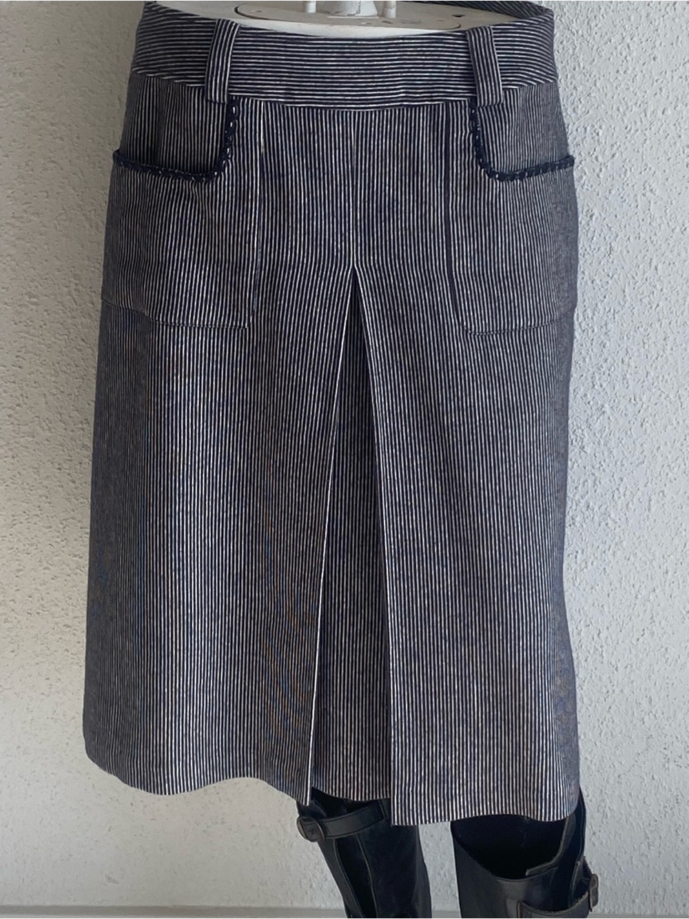 Bear Two Style Wool Cotton Pinstripe A-Line Skirt Artisan Pocket Detail 38